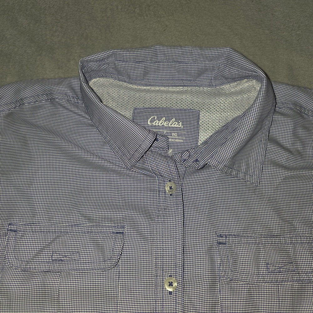 Cabelas Fishing Shirt Womens XL Blue Gingham UPF 30 Roll Tab Long Sleeve Hiking